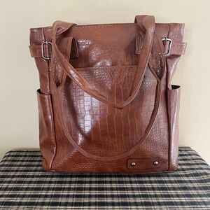 New Brown Faux Crocodile Embossed Lrg Tote Bag Synthetic Work Travel Purse #303